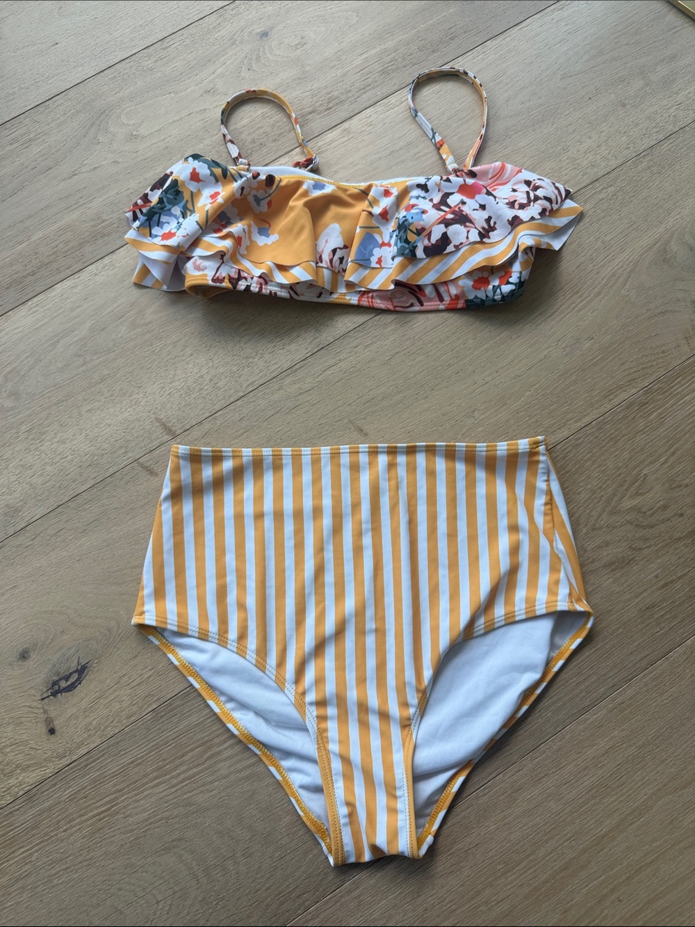 Yellow Striped High-Waist Bikini Set with Floral Ruffle Top - Picture 1 of 1